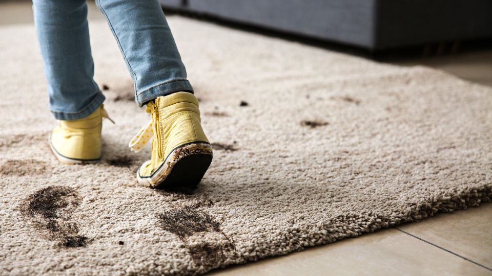 Carpet with visible mud and dirt stains, showcasing the necessity for professional cleaning services to restore cleanliness.