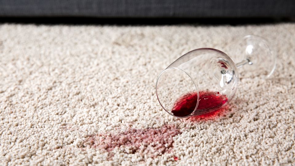 Close-up of a carpet showing a prominent red wine stain, illustrating the challenge of removing tough stains from carpet fibers.