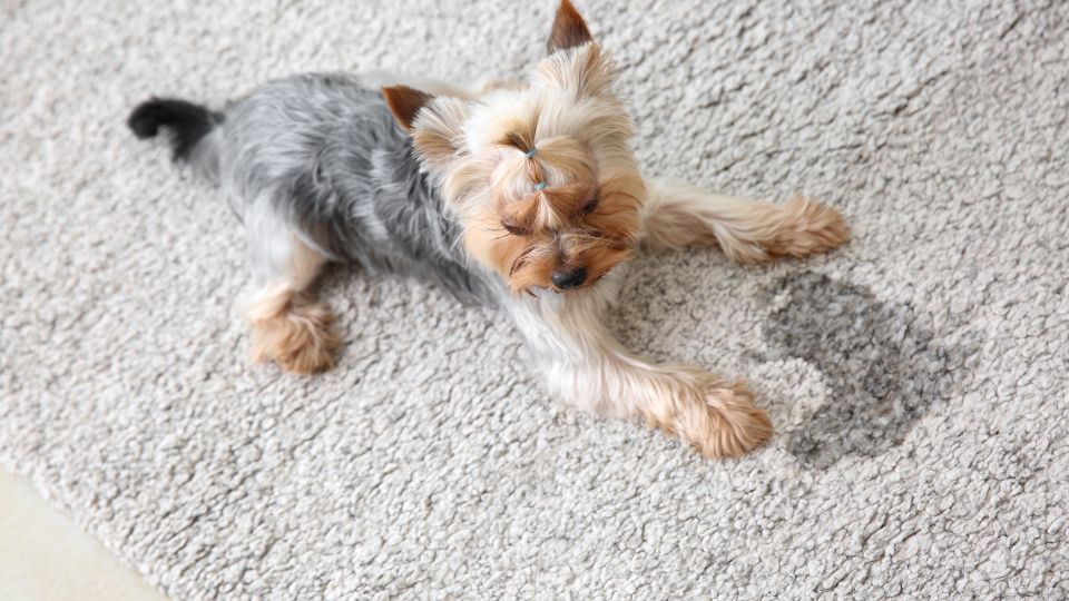 Detailed view of a pet stain on a carpet, showcasing the area affected and the urgency for proper stain removal techniques.