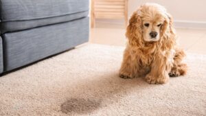 Dog sitting next to a noticeable pet stain on the carpet, appearing curious.